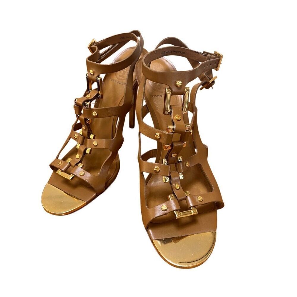 Tory Burch Francesca Camel Leather & Gold Strappy Ankle Stiletto High Heels 10